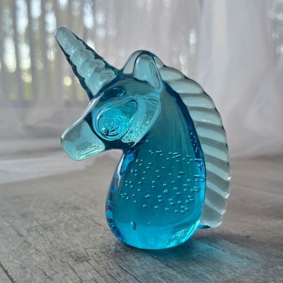 Blown Glass Unicorn Turquoise Clear Paperweight Gift Controlled Bubbles Vintage - Picture 8 of 8